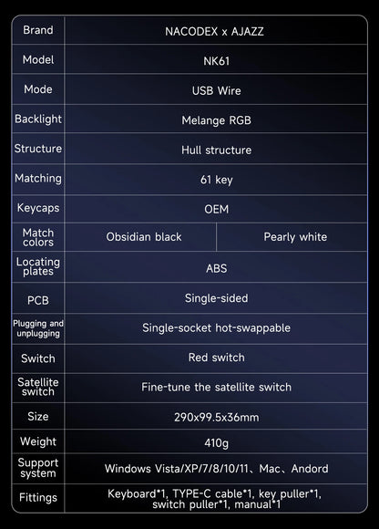 Ajazz NK61 Mechanical Wired Gaming Keyboard RGB Lighting Supports Hot-Swappable 61-Key Mechanical Wired Gaming Keyboard