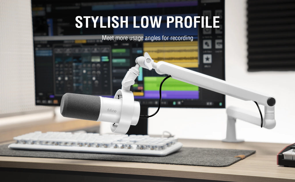FIFINE Microphone Boom Arm, Adjustable Low Profile Mic Arm with Desk Mount Clamp,Cable Storage for Streaming Gaming-White BM88W