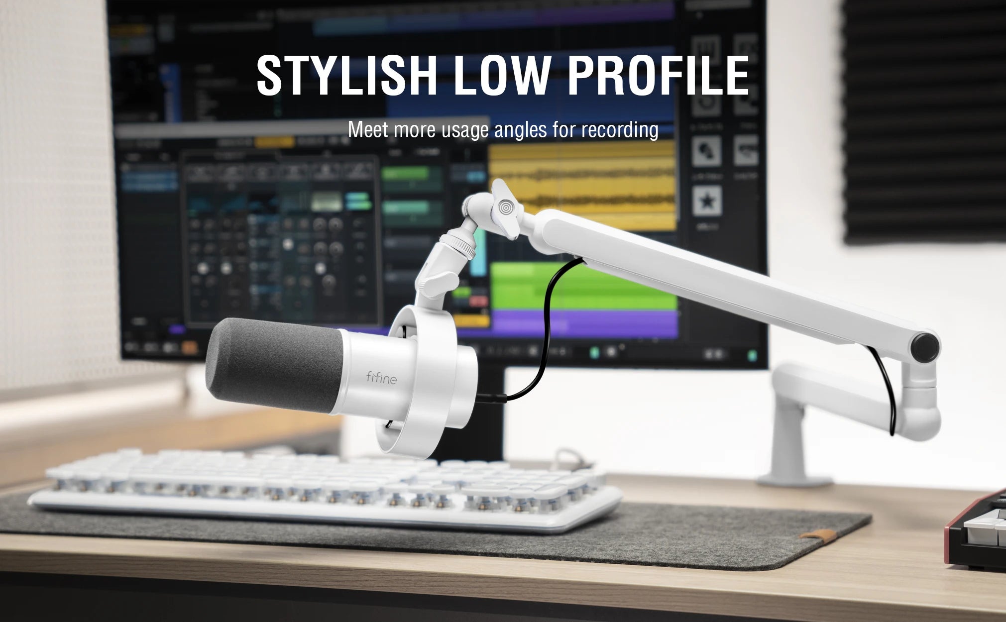 FIFINE Microphone Boom Arm, Adjustable Low Profile Mic Arm with Desk Mount Clamp,Cable Storage for Streaming Gaming-White BM88W