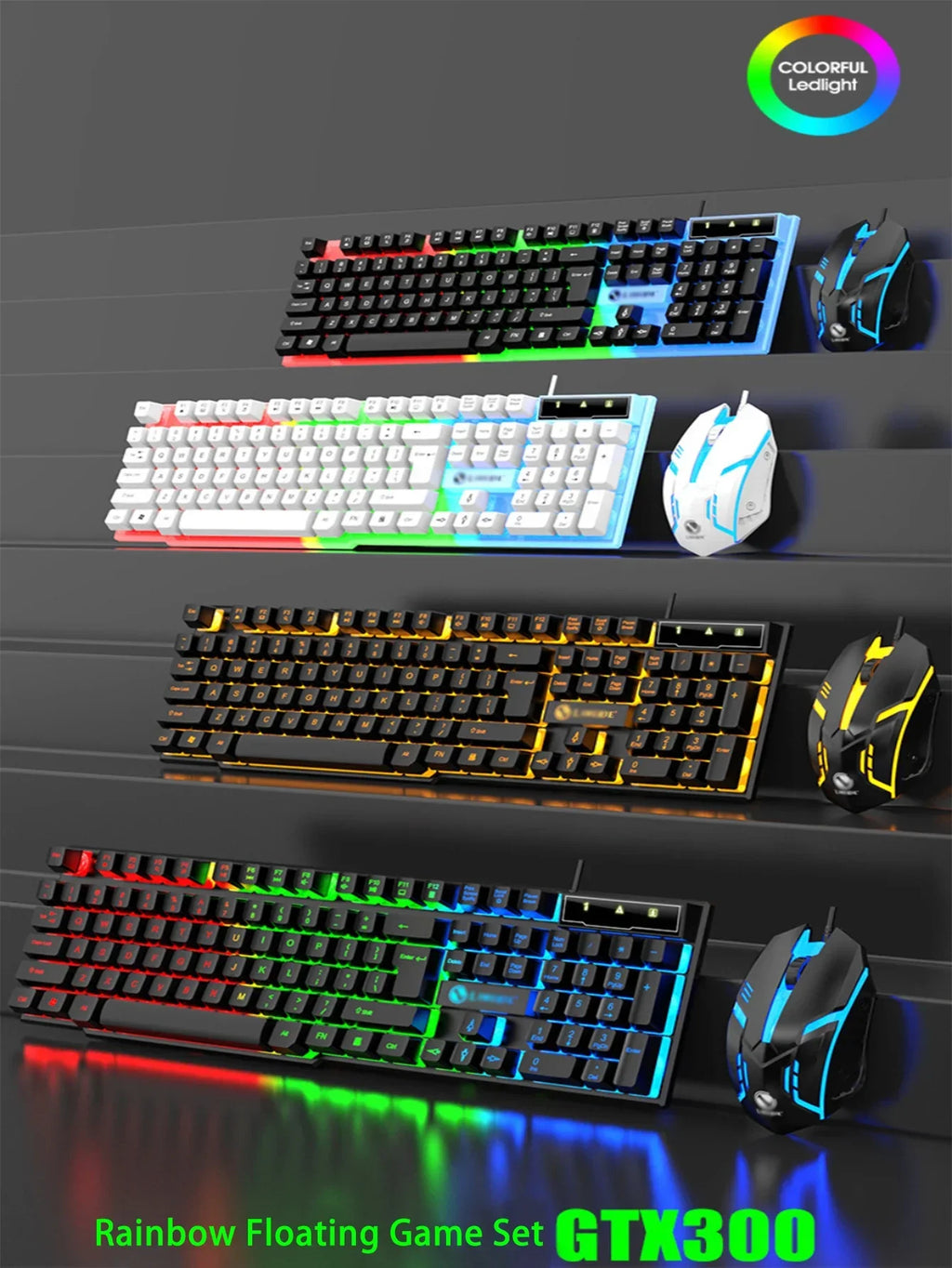 Cool light wired keyboard and mouse set, mechanical feel, floating high key cap, rebound comfort, game mouse set
