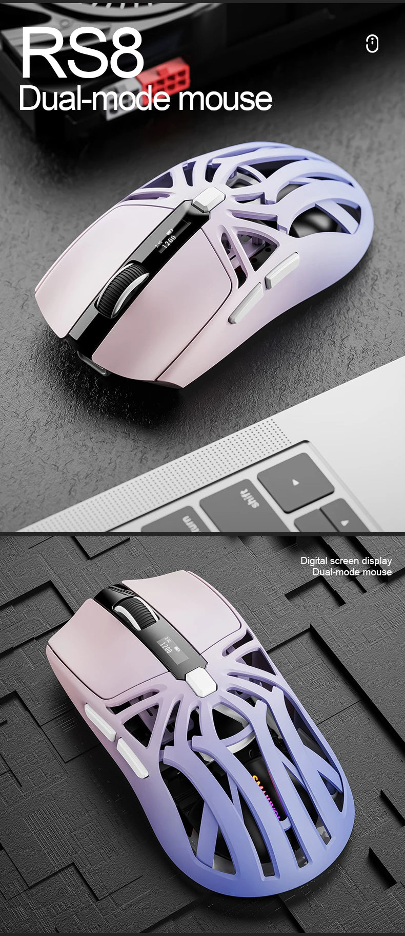 SMAILWOLF RS8 Gaming Mouse Bluetooth Wireless Three-mode Lightweight Hollow Design 1K Return Computer Long Battery Life