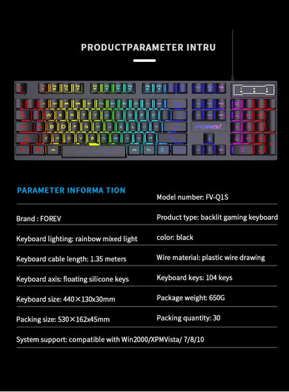 104 Keys Backlit Mechanical Keyboard Wired RGB Gaming Mouse Set for Laptop Desktop Ergonomics Luminous Mouse Set PC Accessories