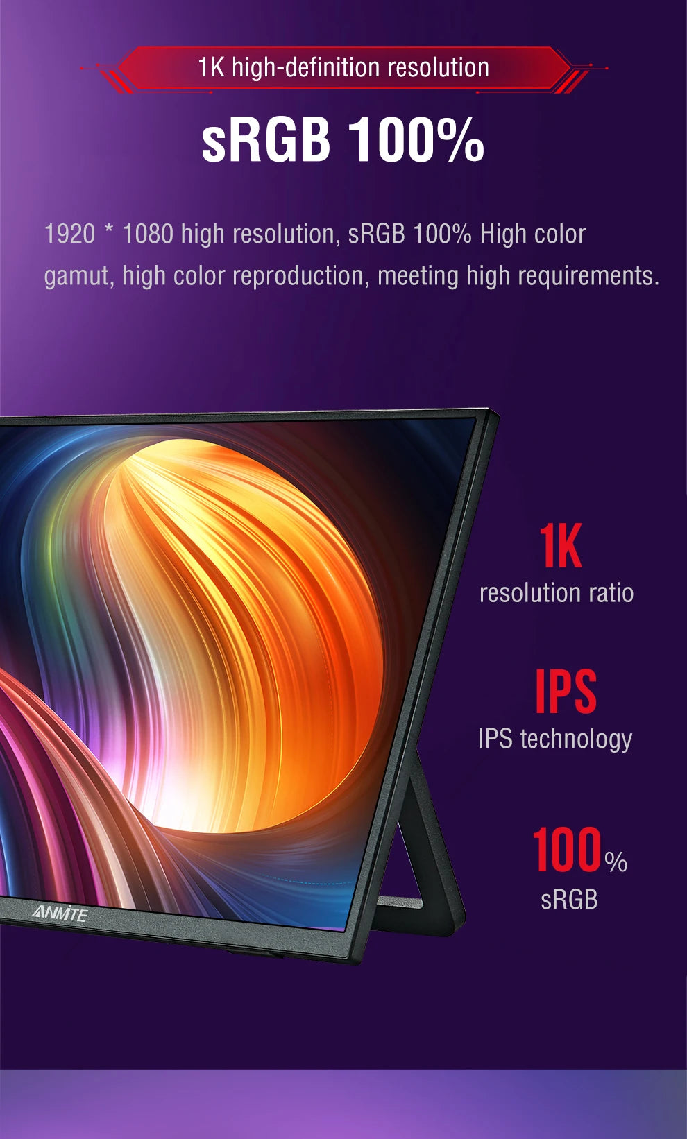 Anmite 21.5 inch Portable Monitor 120Hz RGB100% With VESA Hole & Back bracket Laptop Extended Display ADS-IPS HDR Screen