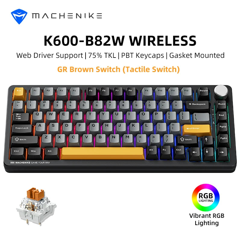 Machenike K600-B82W Mechanical Keyboard Gasket Mounted 75% ANSI Layout Web Driver Support RGB Backlit Wireless Gaming Keyboard
