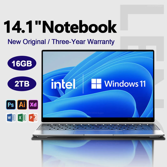 NEW 14.1" Ultra Slim Laptop 16GB RAM 2TB SSD Windows 11 Intel N3700 Notebook Gamer 1920*1080 Display Office Study Computer PC