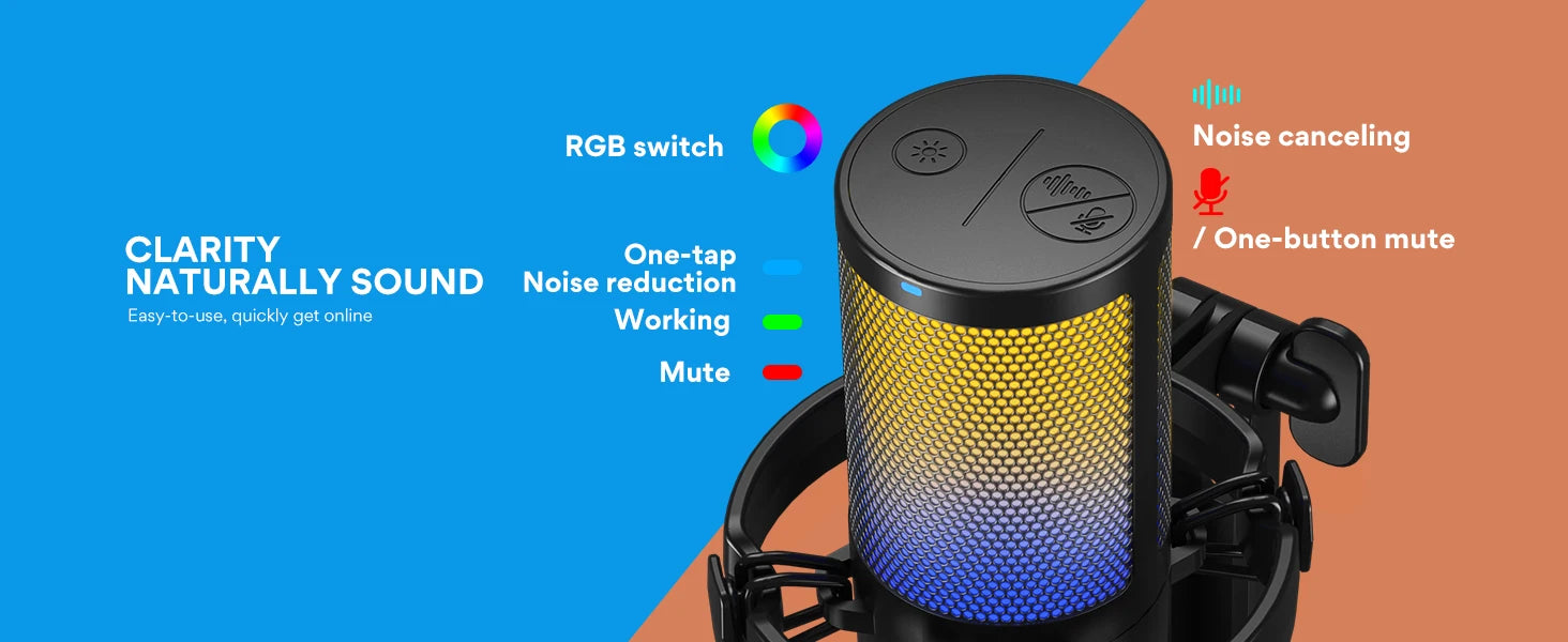 Maono DGM20 Gaming Microphone,USB Microphone Condenser Mic RGB Gaming Mic with Noise reduction software,Mic Gain,One Key Mute