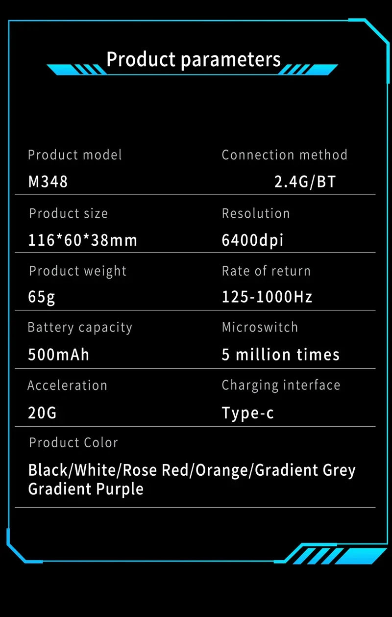 M348 Superlight Mouse Bluetooth 2.4G Wireless Gaming Mouse Flagship Chip Gaming Sensor 6 Adjustable DPI for Office Game