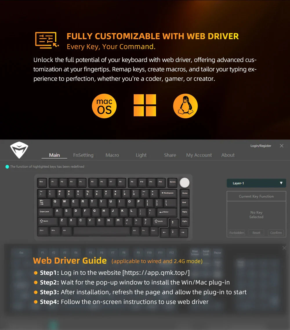 Machenike K600-B82W Mechanical Keyboard Gasket Mounted 75% ANSI Layout Web Driver Support RGB Backlit Wireless Gaming Keyboard