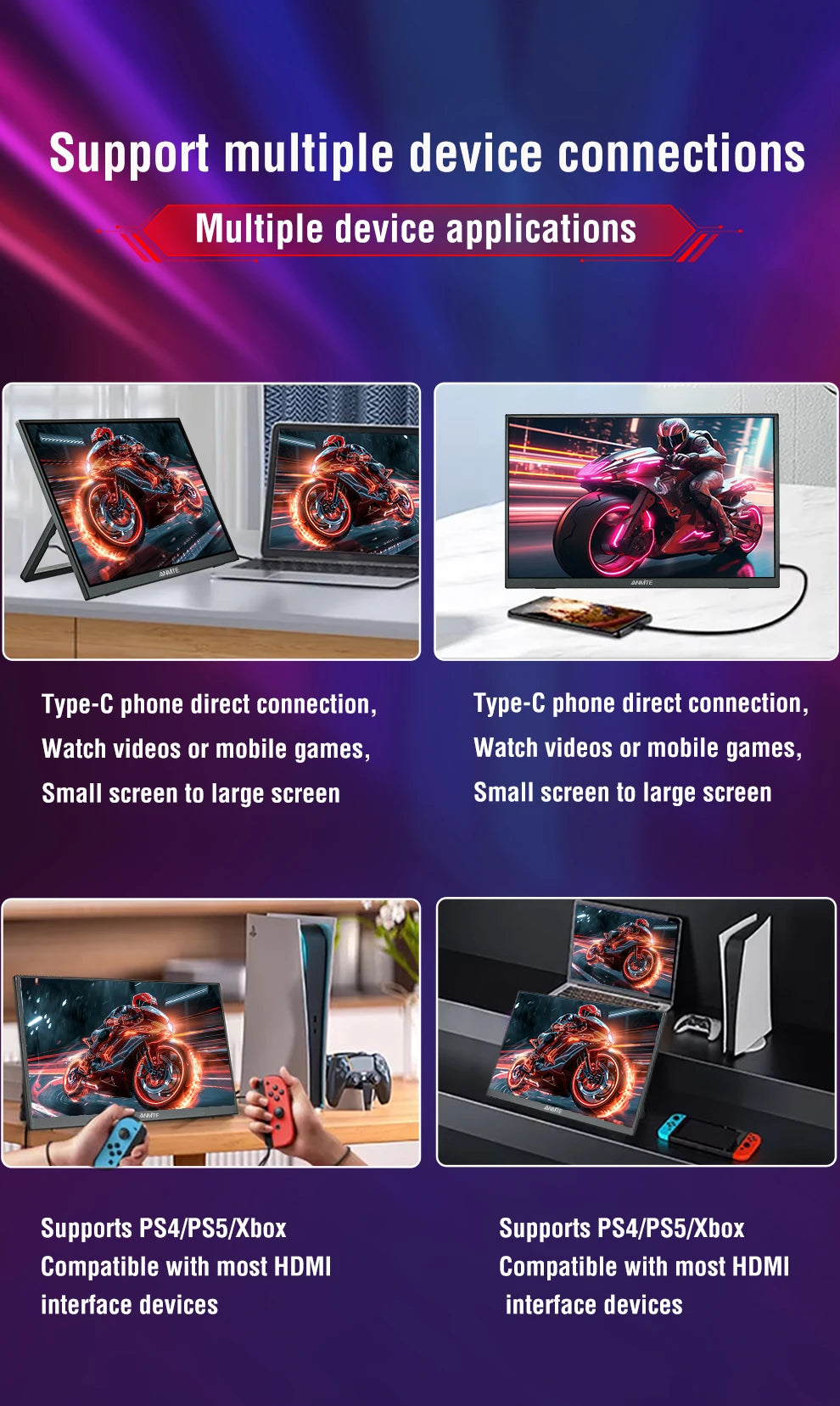 Anmite 21.5 inch Portable Monitor 120Hz RGB100% With VESA Hole & Back bracket Laptop Extended Display ADS-IPS HDR Screen