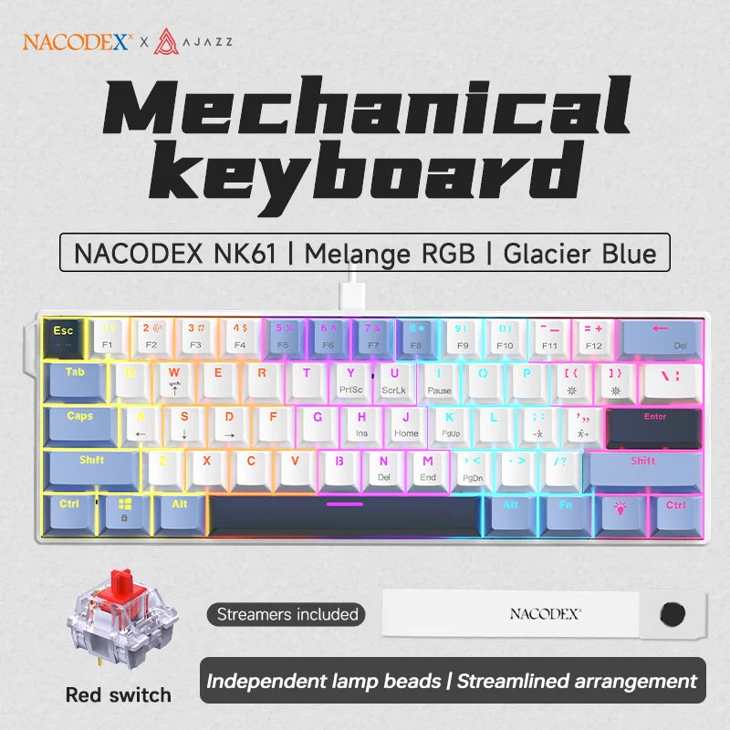 Ajazz NK61 Mechanical Wired Gaming Keyboard RGB Lighting Supports Hot-Swappable 61-Key Mechanical Wired Gaming Keyboard