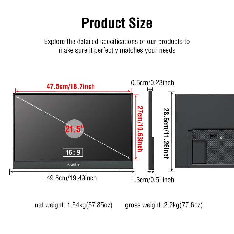 Anmite 21.5 inch Portable Monitor 120Hz RGB100% With VESA Hole & Back bracket Laptop Extended Display ADS-IPS HDR Screen
