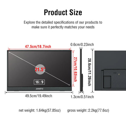 Anmite 21.5 inch Portable Monitor 120Hz RGB100% With VESA Hole & Back bracket Laptop Extended Display ADS-IPS HDR Screen