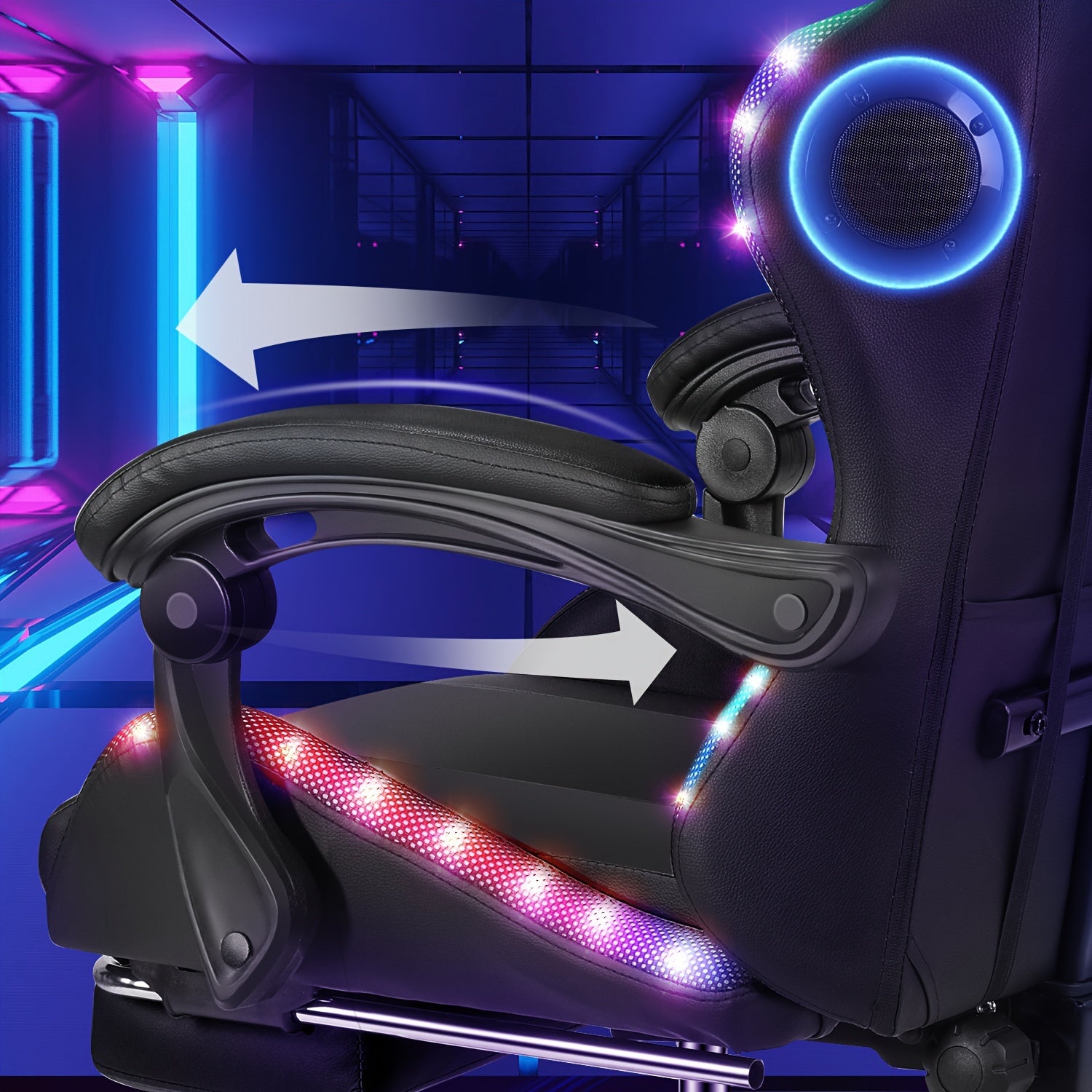 Ergonomic Gaming Chair with RGB Lights, Speakers & Lumbar Support - Adjustable Backrest, 360° Swivel Wheels, Durable Metal Frame - Black