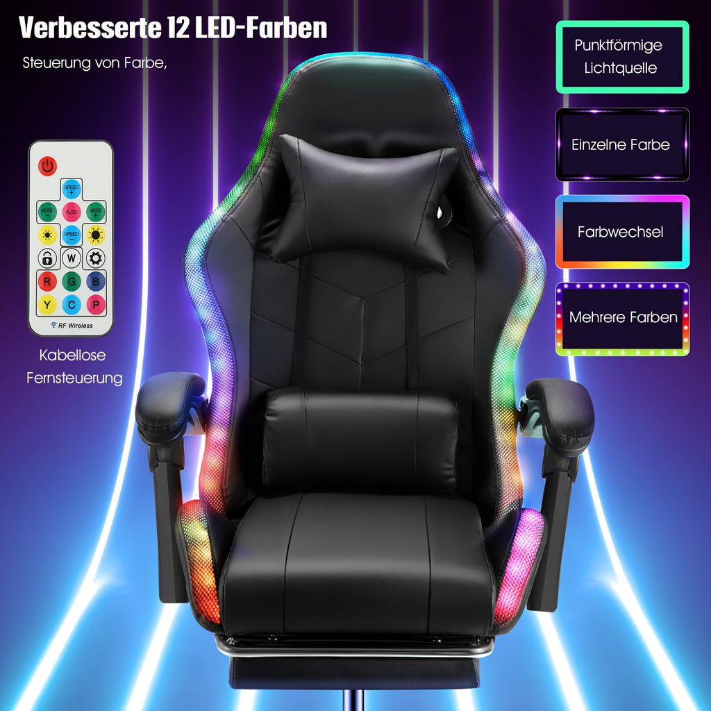 Ergonomic Gaming Chair with RGB Lights, Speakers & Lumbar Support - Adjustable Backrest, 360° Swivel Wheels, Durable Metal Frame - Black
