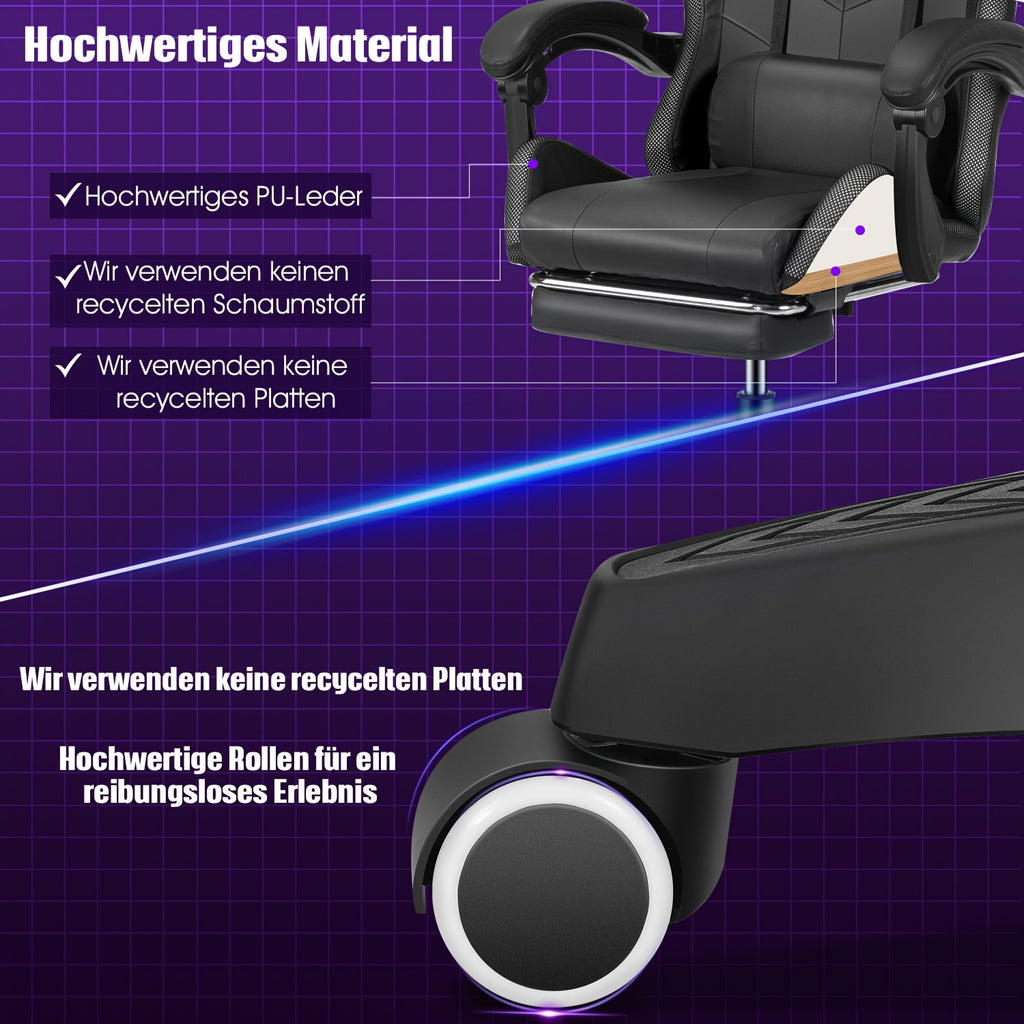 Ergonomic Gaming Chair with RGB Lights, Speakers & Lumbar Support - Adjustable Backrest, 360° Swivel Wheels, Durable Metal Frame - Black