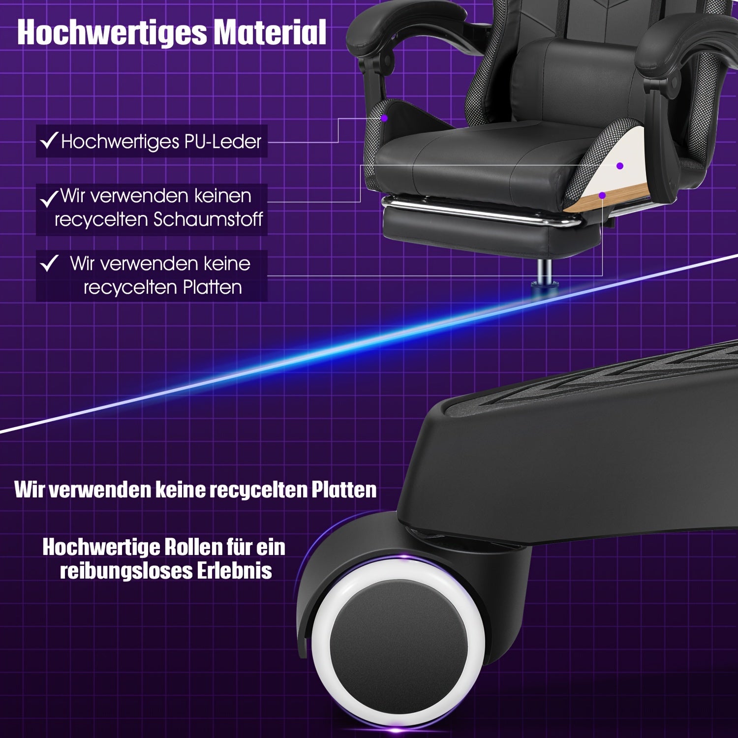 Ergonomic Gaming Chair with RGB Lights, Speakers & Lumbar Support - Adjustable Backrest, 360° Swivel Wheels, Durable Metal Frame - Black
