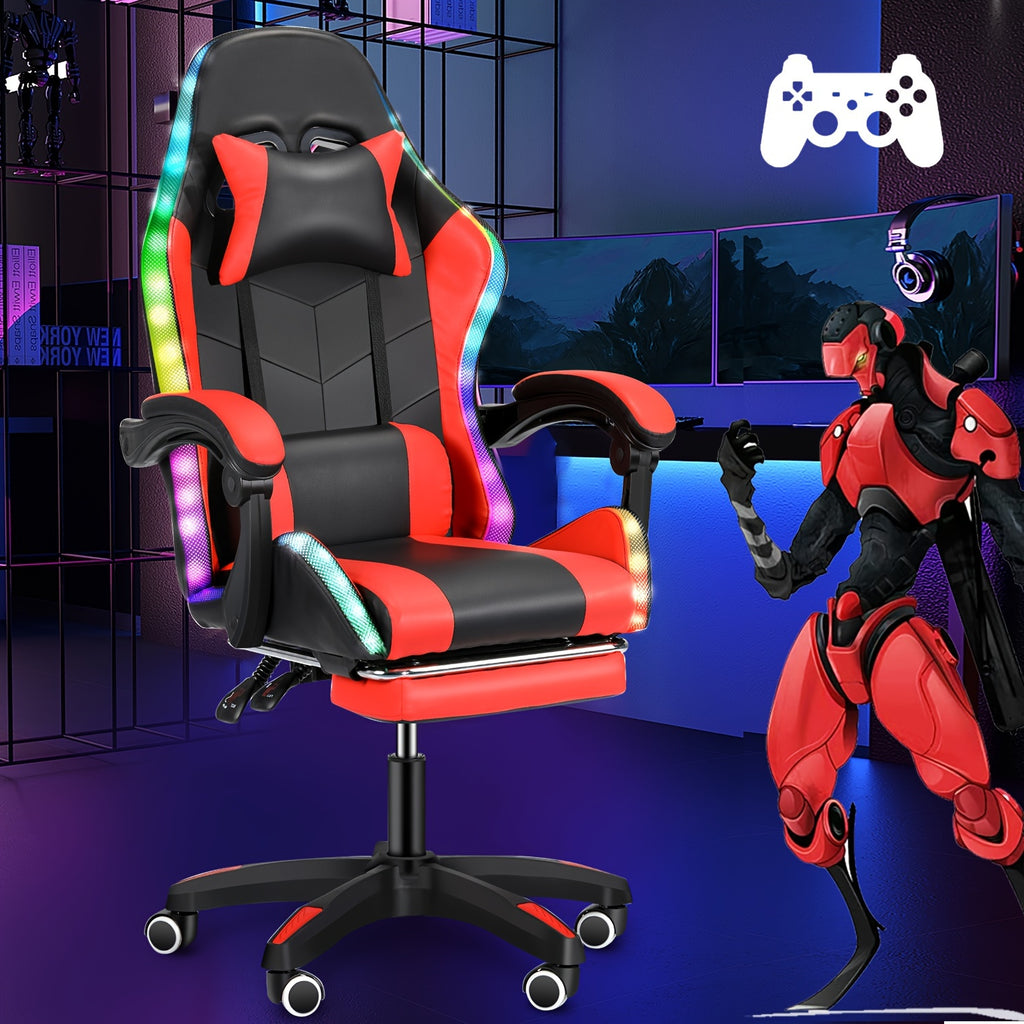 Ergonomic Gaming Chair with RGB Lights, Speakers & Lumbar Support - Adjustable Backrest, 360° Swivel Wheels, Durable Metal Frame - Black