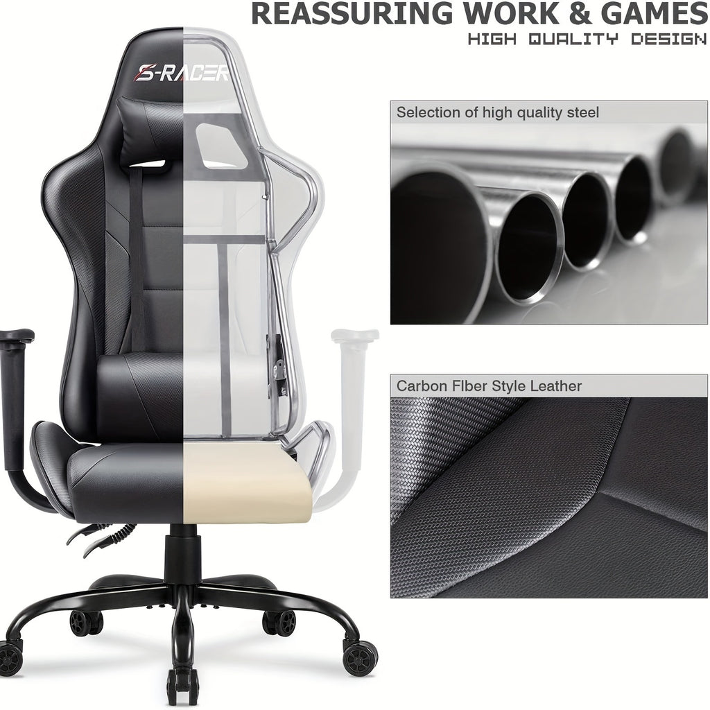 1pc Gaming Chair Office Chair High Back Racing Computer Chair PU Leather Adjustable Seat Height Swivel Chair Ergonomic Executive Chair With Headrest, Black
