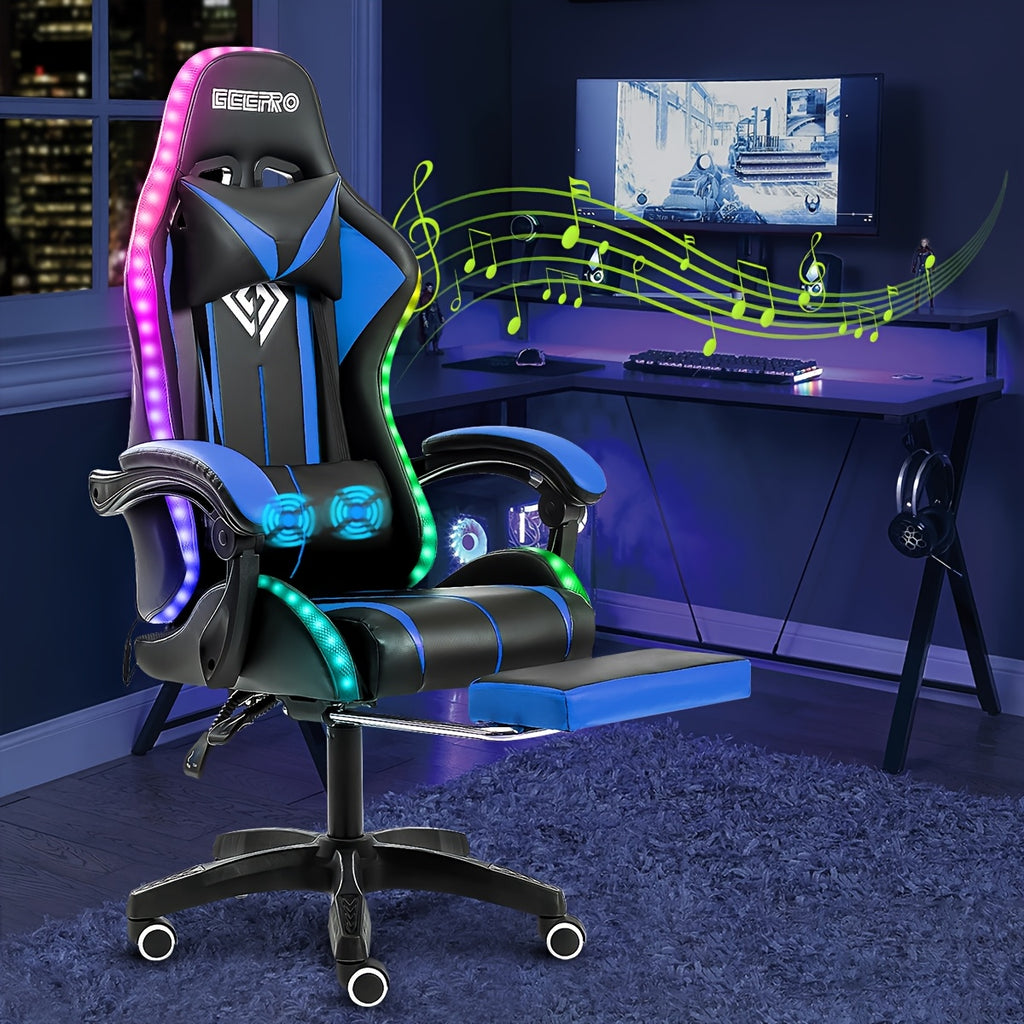 LED Gaming Chair, Big And Tall Video Game Chair With Wireless Speakers And Massage, Reclining High Back Computer Desk Chair With Footrest, For 397lbs