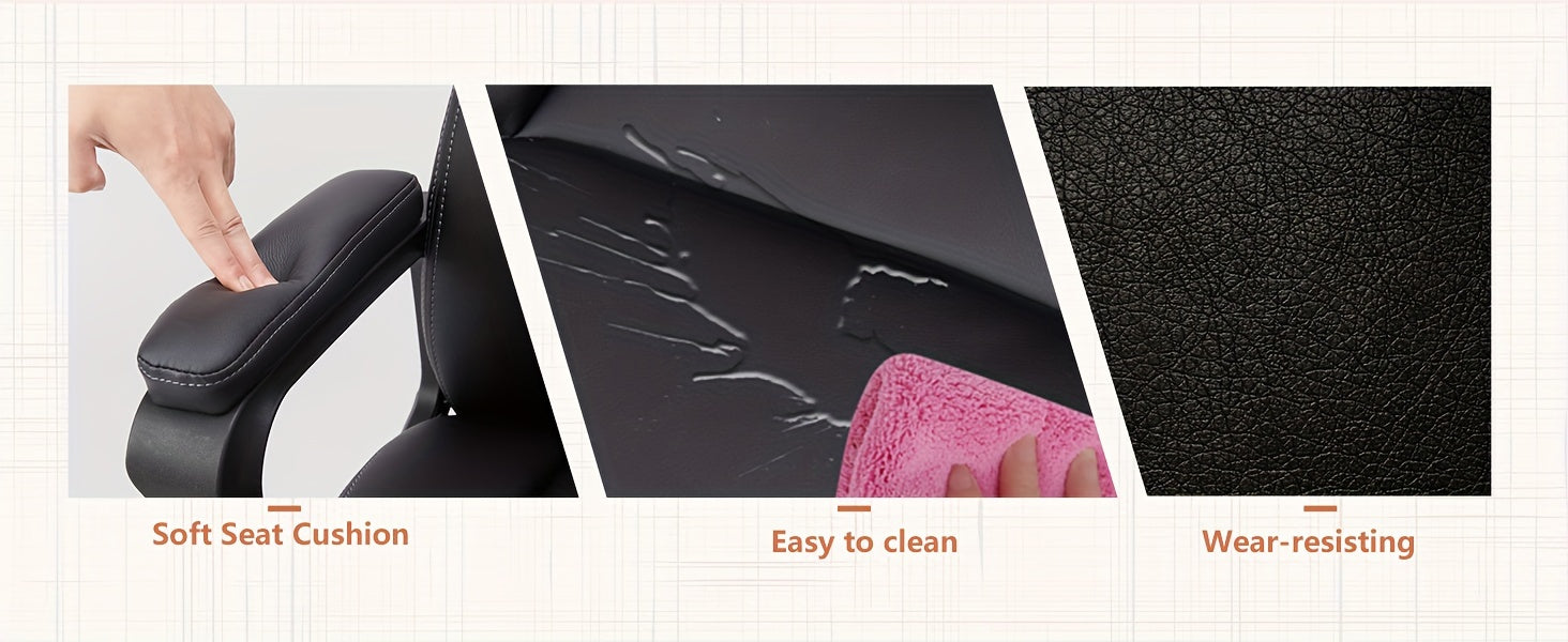 Home Office Chair, Adjustable Swivel Rolling Computer Gaming Chair with Fixed Armrests, Leather Lumbar Support Desk Chair with Wheels