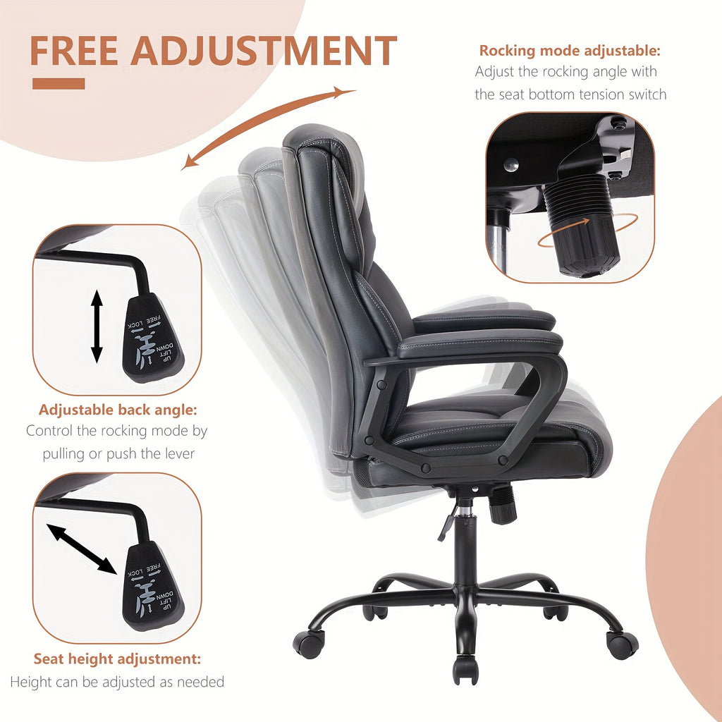 Home Office Chair, Adjustable Swivel Rolling Computer Gaming Chair with Fixed Armrests, Leather Lumbar Support Desk Chair with Wheels