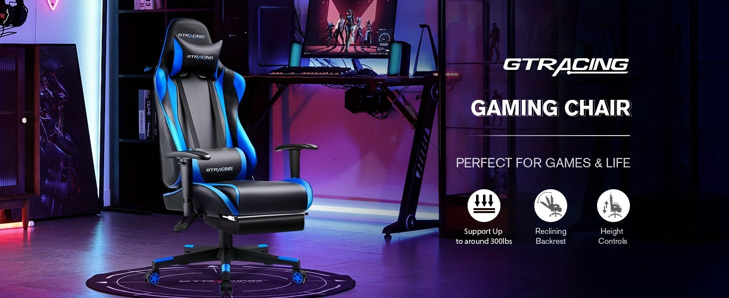 GTRACING Racing Style Gaming Chair, Ergonomic Computer Office Chair, Reclining Gaming Chair, Seat Height Adjustment, With Headrest And Lumbar Support, Maximum Weight Capacity 350-400 Lbs