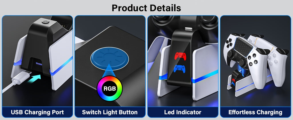 Charger Station For PS5 Dualsense Controller/DualSense Edge Controller, RGB Charging Stand For Playstation 5/ PS5 Slim/ PS5 Pro Controller, Fast Dual Charging For Wireless Controller, Christmas Gift