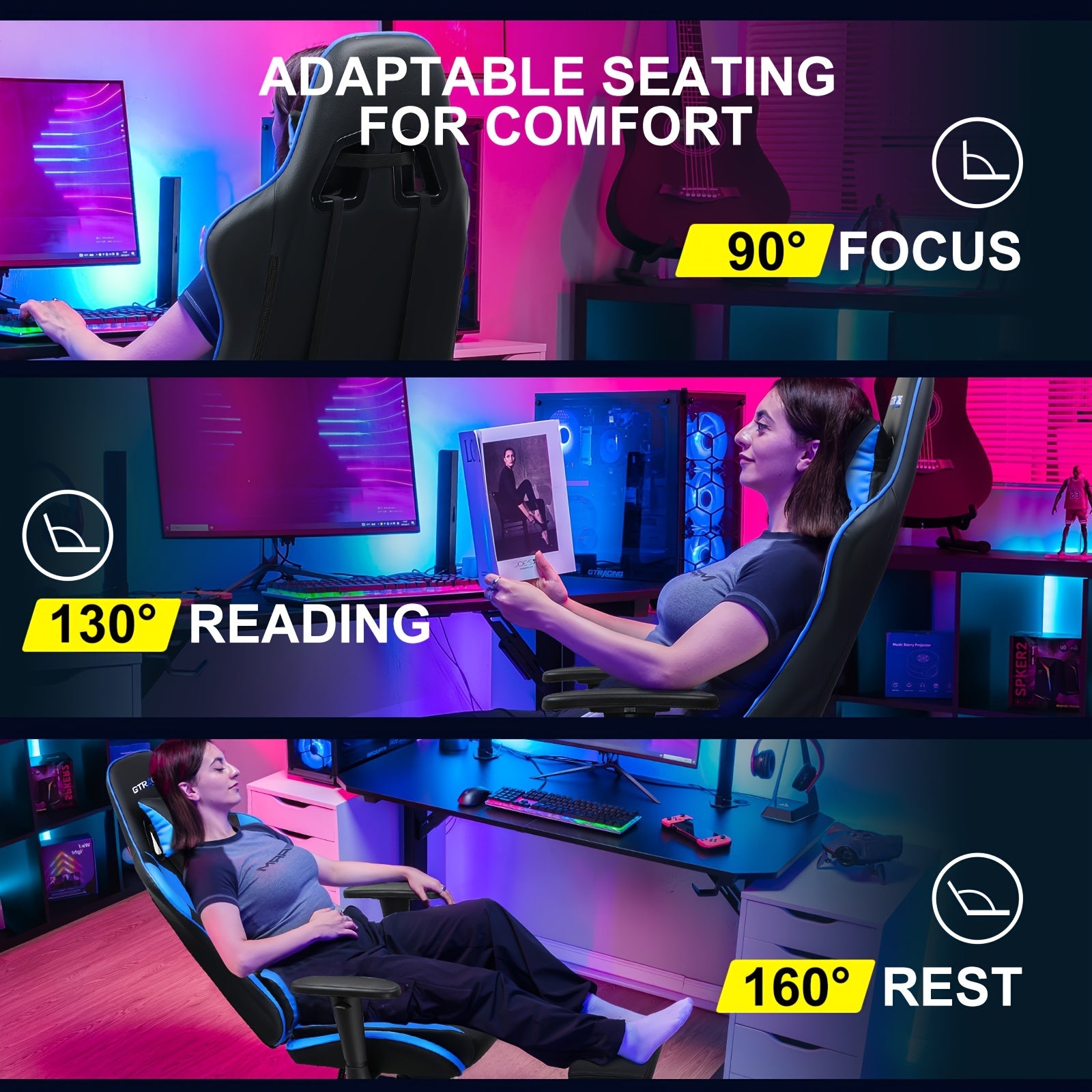 GTRACING Racing Style Gaming Chair, Ergonomic Computer Office Chair, Reclining Gaming Chair, Seat Height Adjustment, With Headrest And Lumbar Support, Maximum Weight Capacity 350-400 Lbs