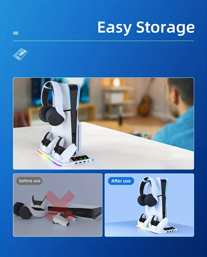 PS5/PS5 Slim Cooling Stand with RGB LED Controller Charger - 3-Level Fan System, Secure Console & Accessory Holder for PlayStation 5 Digital & Disc Editions