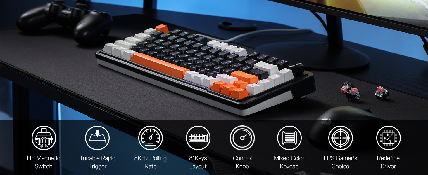 Redragon K714 Rapid Trigger HE Gaming 75% 81 Keys Wired Mechanical Keyboard，Hyper-Fast Actuation Magnetic Switch