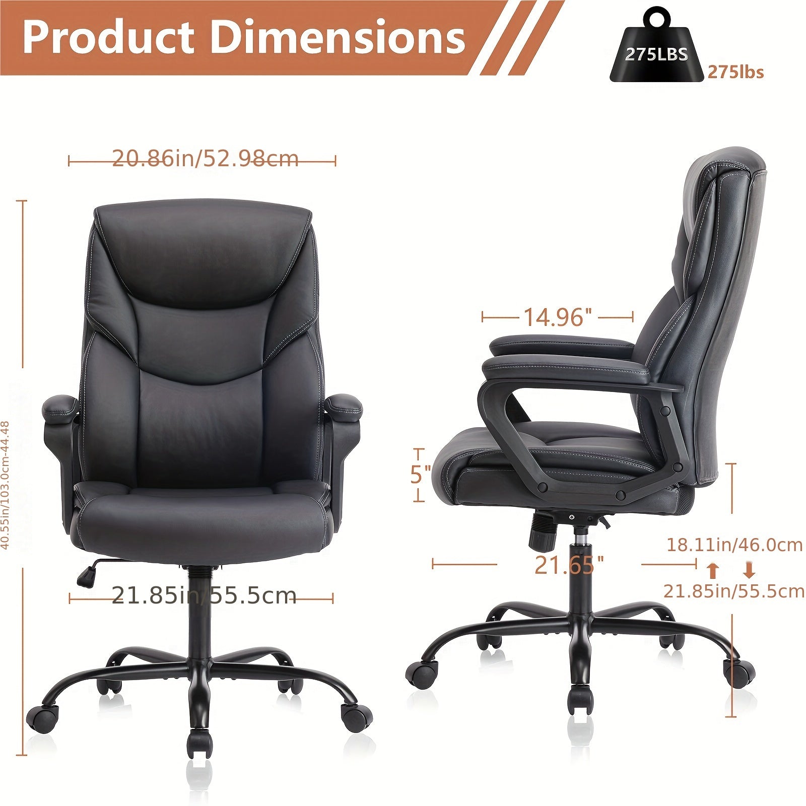 Home Office Chair, Adjustable Swivel Rolling Computer Gaming Chair with Fixed Armrests, Leather Lumbar Support Desk Chair with Wheels