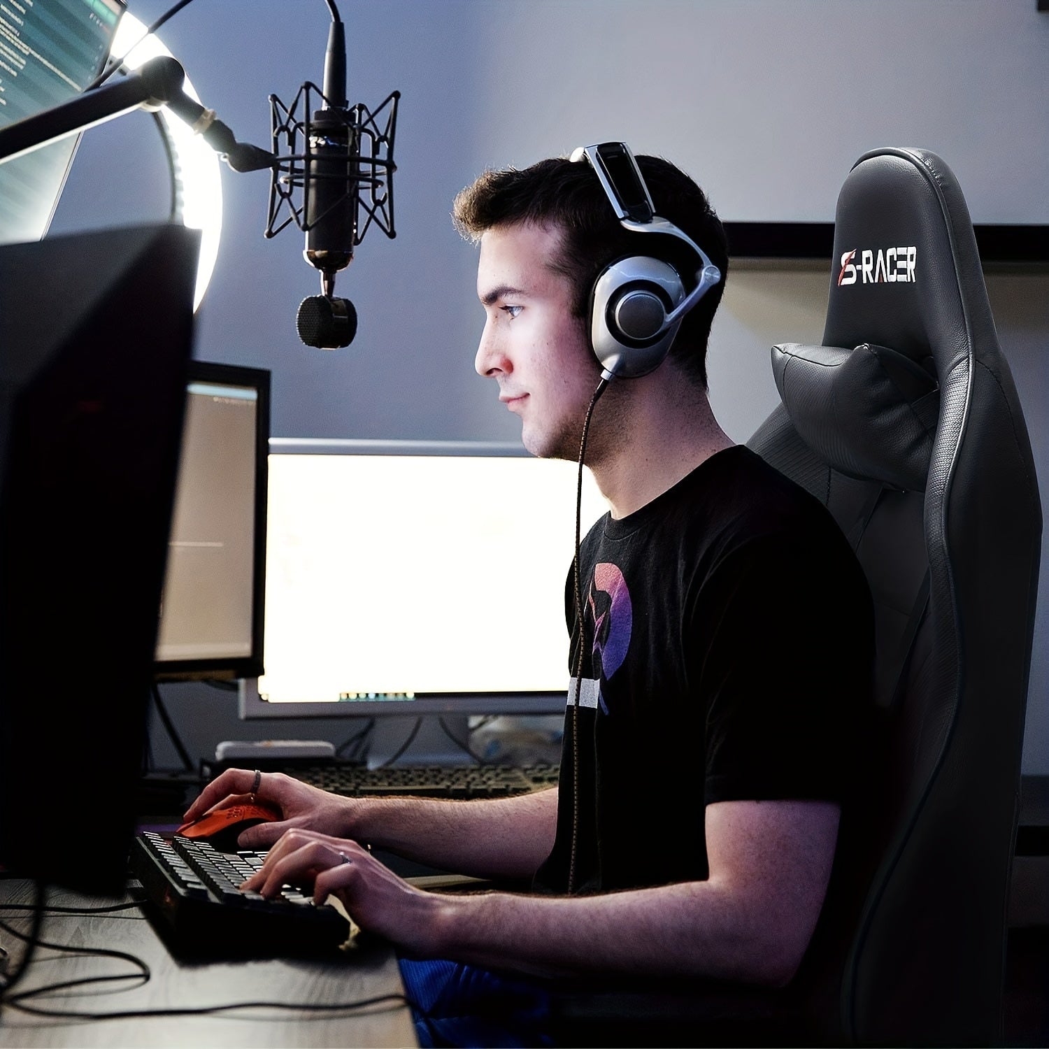 1pc Gaming Chair Office Chair High Back Racing Computer Chair PU Leather Adjustable Seat Height Swivel Chair Ergonomic Executive Chair With Headrest, Black