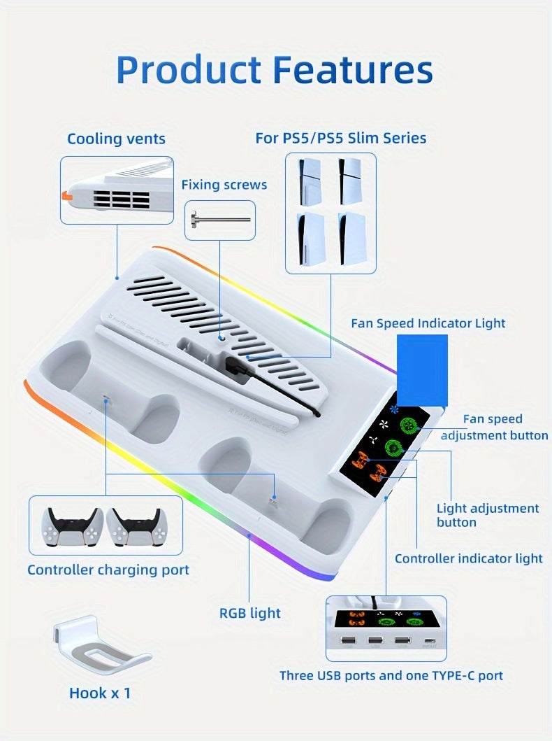 PS5/PS5 Slim Cooling Stand with RGB LED Controller Charger - 3-Level Fan System, Secure Console & Accessory Holder for PlayStation 5 Digital & Disc Editions
