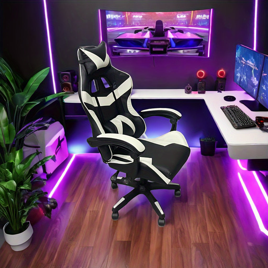 Ergonomic Racing Style Desk Chair for Adults with Headrest and Lumbar Support - Adjustable Swivel Office Chair with Iron Frame and Plastic Material, Rotatable and Height Adjustable, Sponge Filled Seat with Solid Back, No Upho