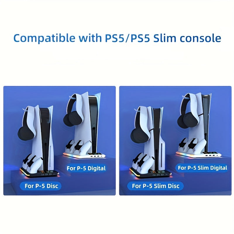 PS5/PS5 Slim Cooling Stand with RGB LED Controller Charger - 3-Level Fan System, Secure Console & Accessory Holder for PlayStation 5 Digital & Disc Editions
