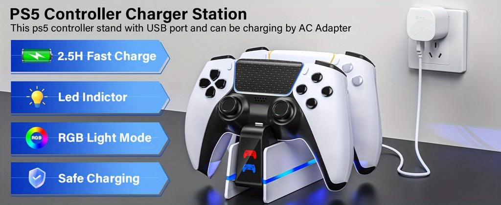 Charger Station For PS5 Dualsense Controller/DualSense Edge Controller, RGB Charging Stand For Playstation 5/ PS5 Slim/ PS5 Pro Controller, Fast Dual Charging For Wireless Controller, Christmas Gift