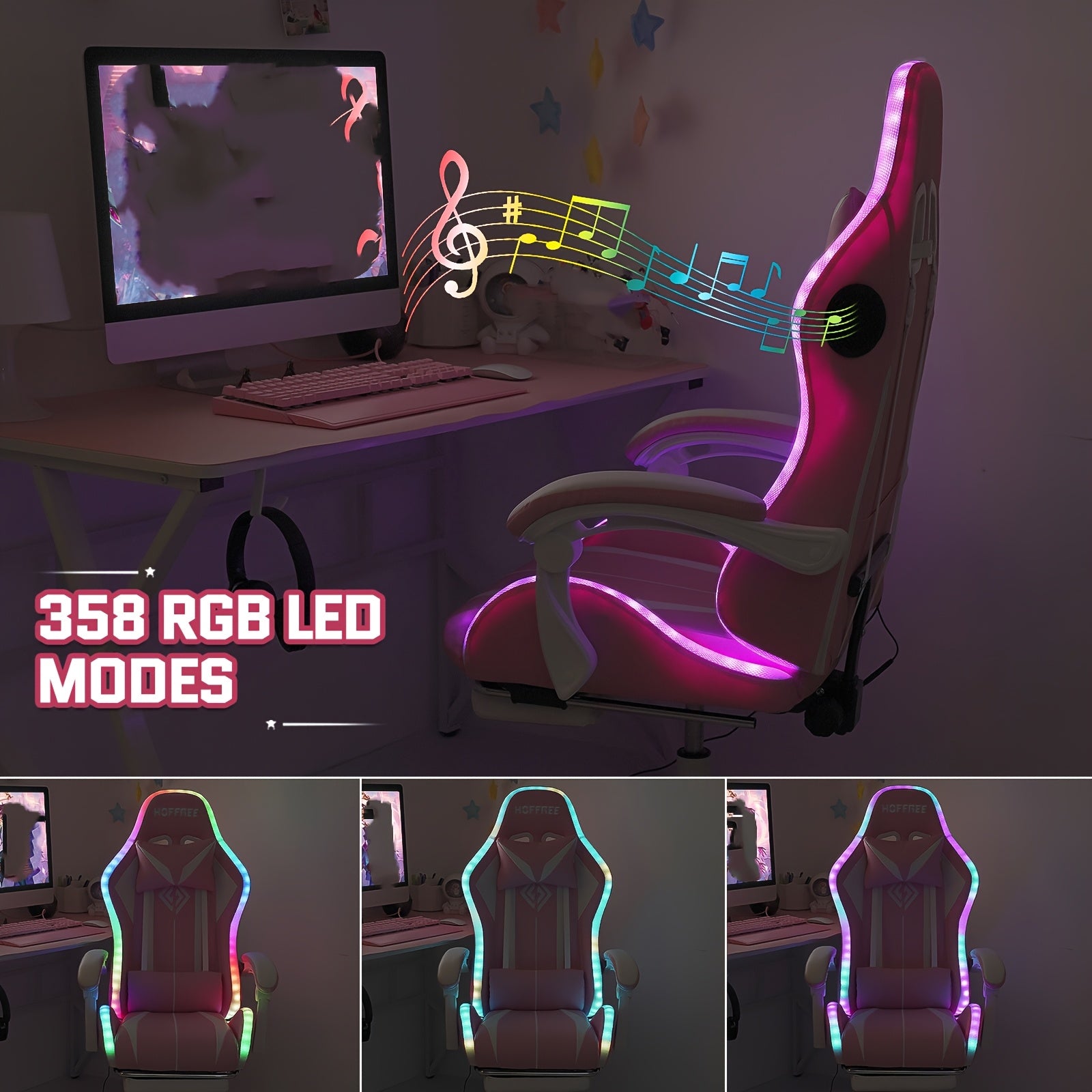 LED Gaming Chair, Big And Tall Video Game Chair With Wireless Speakers And Massage, Reclining High Back Computer Desk Chair With Footrest, For 397lbs