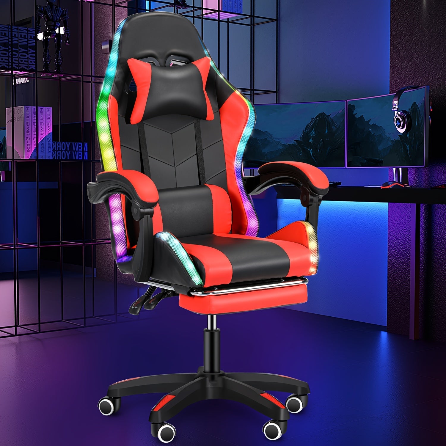 Ergonomic Gaming Chair with RGB Lights, Speakers & Lumbar Support - Adjustable Backrest, 360° Swivel Wheels, Durable Metal Frame - Black