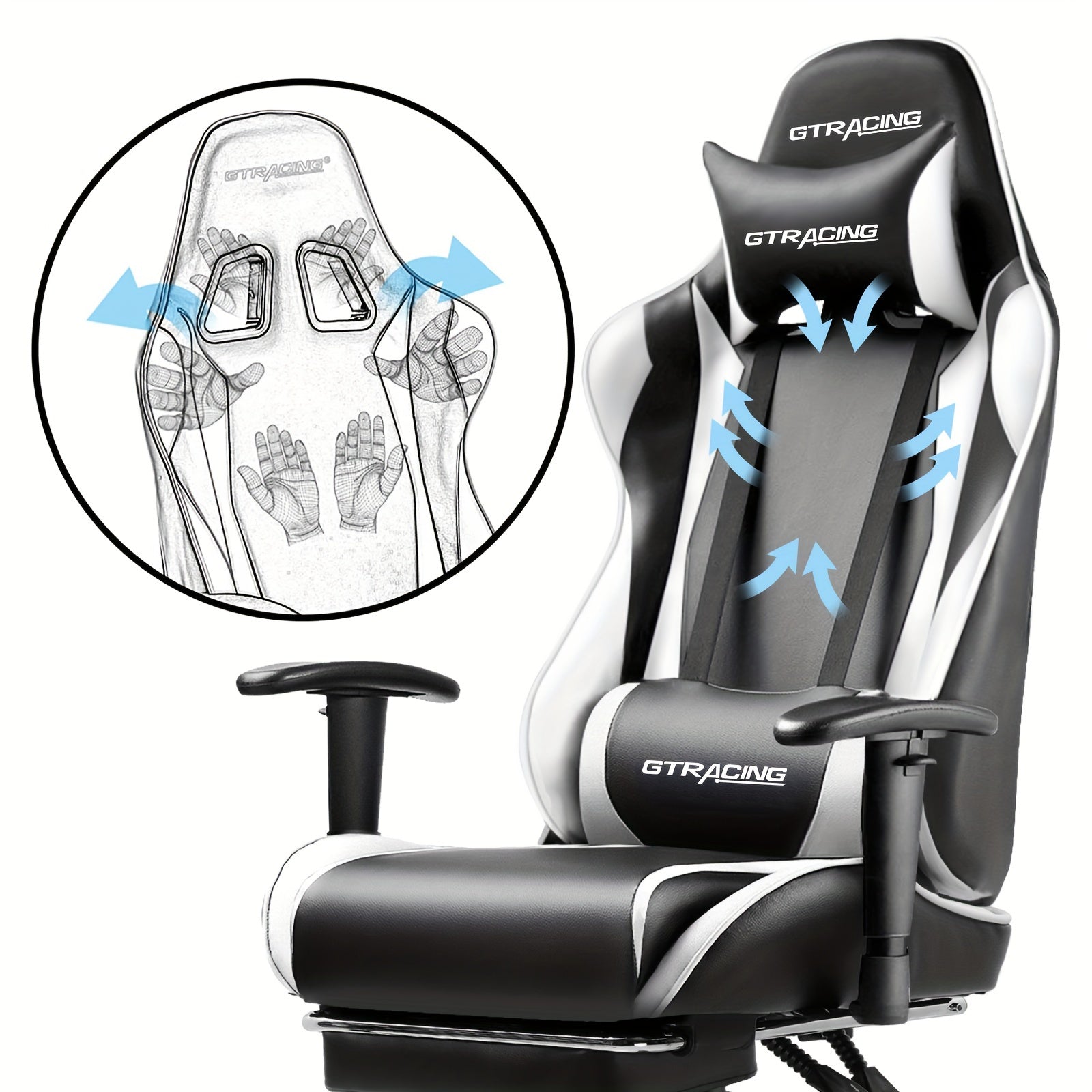 GTRACING Racing Style Gaming Chair, Ergonomic Computer Office Chair, Reclining Gaming Chair, Seat Height Adjustment, With Headrest And Lumbar Support, Maximum Weight Capacity 350-400 Lbs