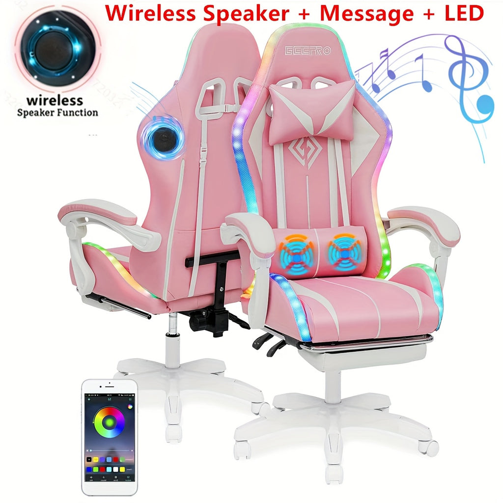 LED Gaming Chair, Big And Tall Video Game Chair With Wireless Speakers And Massage, Reclining High Back Computer Desk Chair With Footrest, For 397lbs