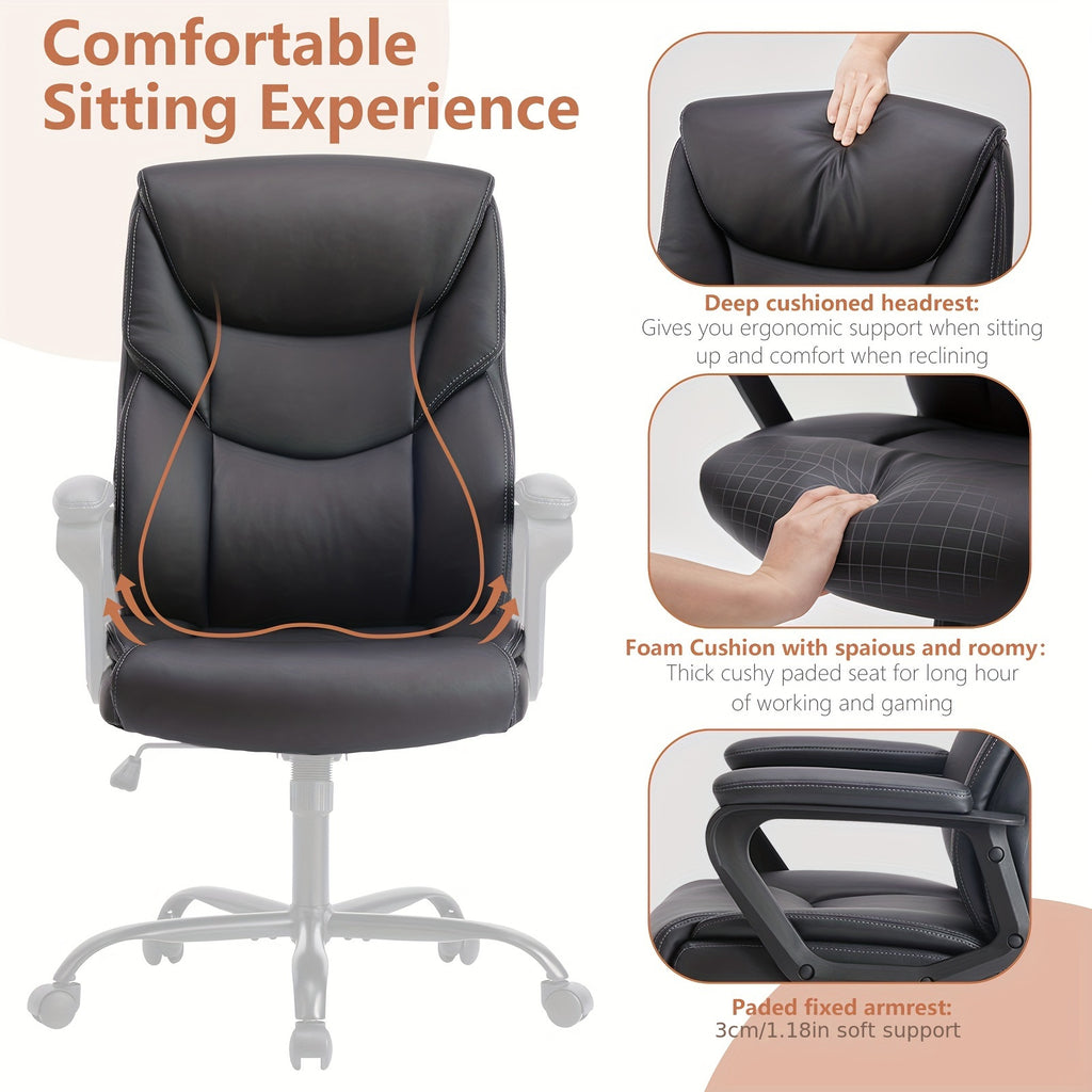 Home Office Chair, Adjustable Swivel Rolling Computer Gaming Chair with Fixed Armrests, Leather Lumbar Support Desk Chair with Wheels