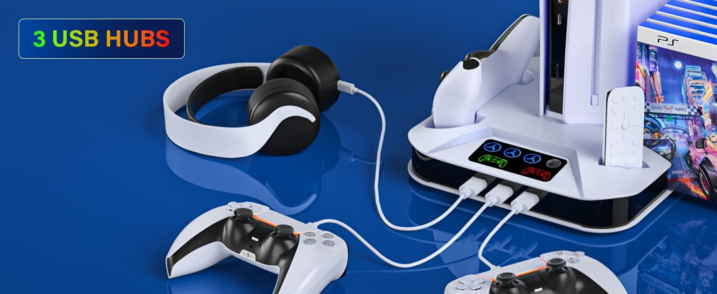 Cooling Base for PS5/PS5 Slim with Handle Charging Function, Suitable for PlayStation 5 Slim and Standard Models of Game Discs/Digitizers, Includes Cooling Fan, 3 USB Hubes, Headphone Hooks, Screws