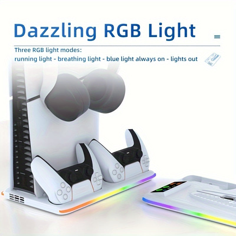 PS5/PS5 Slim Cooling Stand with RGB LED Controller Charger - 3-Level Fan System, Secure Console & Accessory Holder for PlayStation 5 Digital & Disc Editions