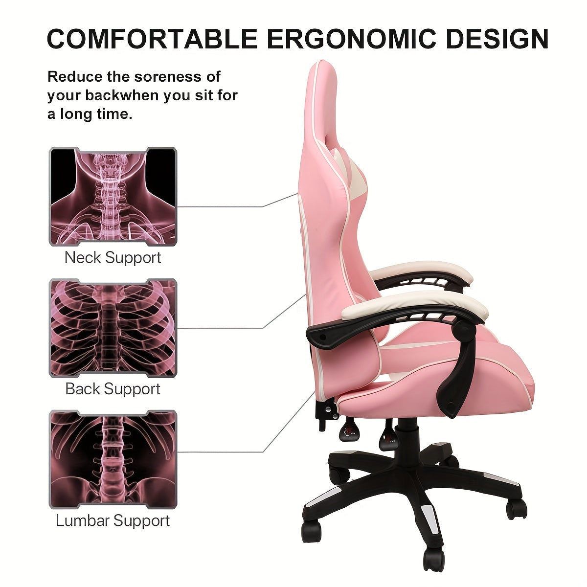 1 pc Ergonomic Racing Gaming Chair - Reclining High Back PU Leather Computer Desk Chair with Adjustable Height, Headrest, Lumbar Support, and Swivel Rolling Function - Ideal for Office and Home Use on Hard Floor, Easy to Clea