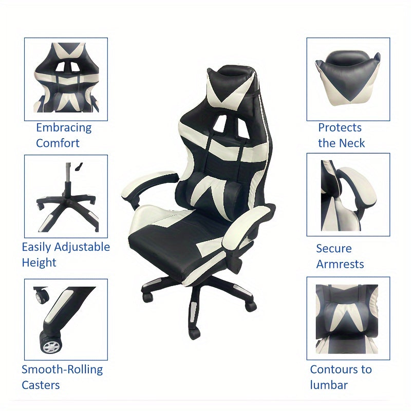 Ergonomic Racing Style Desk Chair for Adults with Headrest and Lumbar Support - Adjustable Swivel Office Chair with Iron Frame and Plastic Material, Rotatable and Height Adjustable, Sponge Filled Seat with Solid Back, No Upho