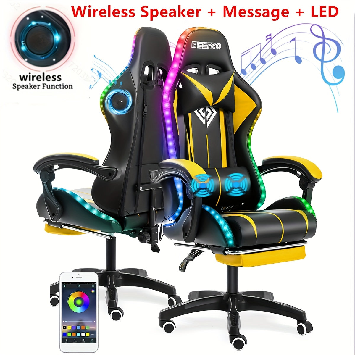 LED Gaming Chair, Big And Tall Video Game Chair With Wireless Speakers And Massage, Reclining High Back Computer Desk Chair With Footrest, For 397lbs