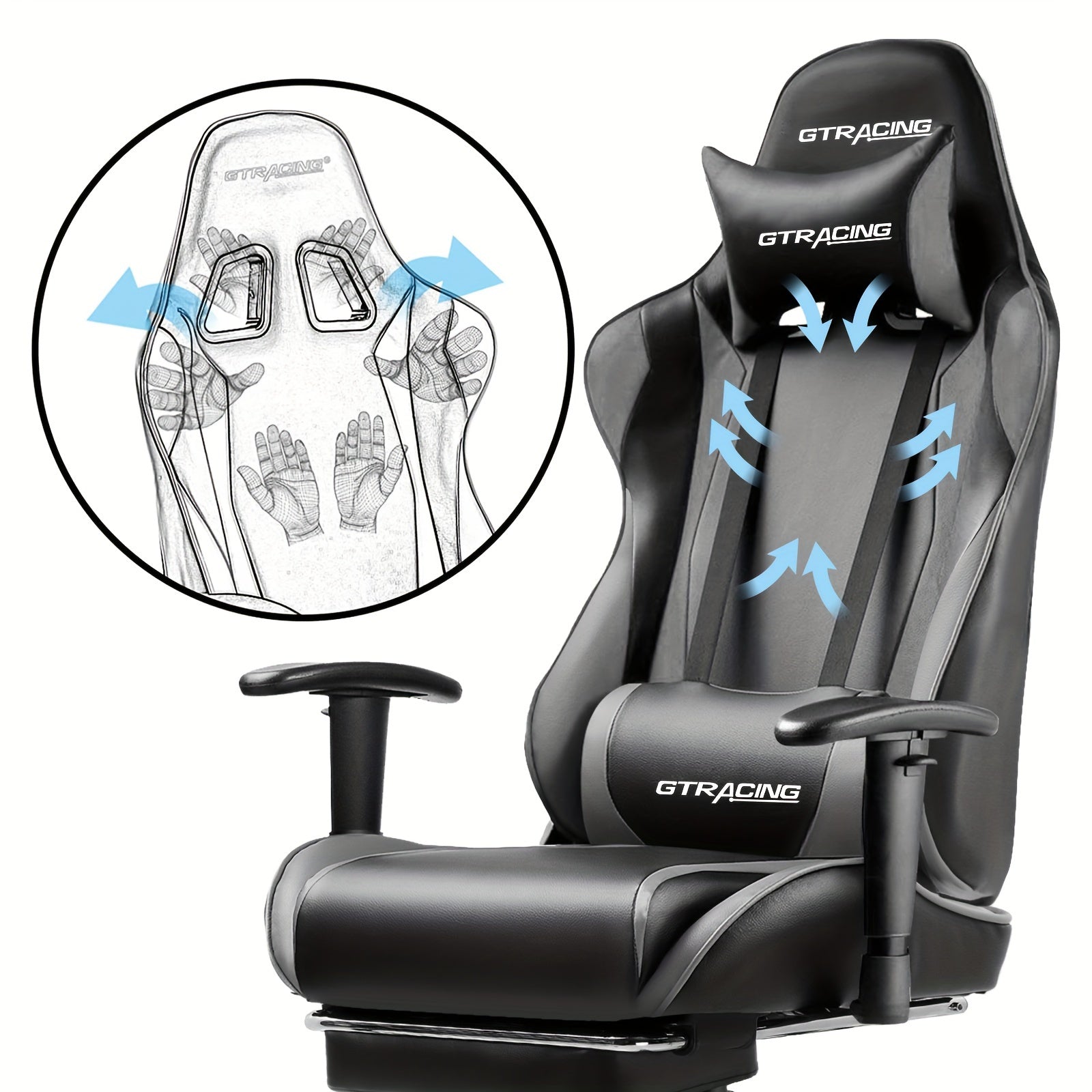 GTRACING Racing Style Gaming Chair, Ergonomic Computer Office Chair, Reclining Gaming Chair, Seat Height Adjustment, With Headrest And Lumbar Support, Maximum Weight Capacity 350-400 Lbs