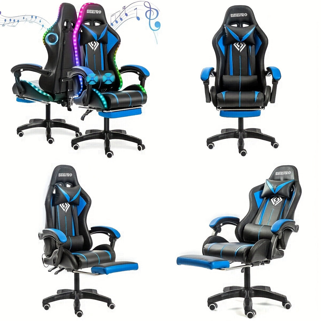 LED Gaming Chair, Big And Tall Video Game Chair With Wireless Speakers And Massage, Reclining High Back Computer Desk Chair With Footrest, For 397lbs