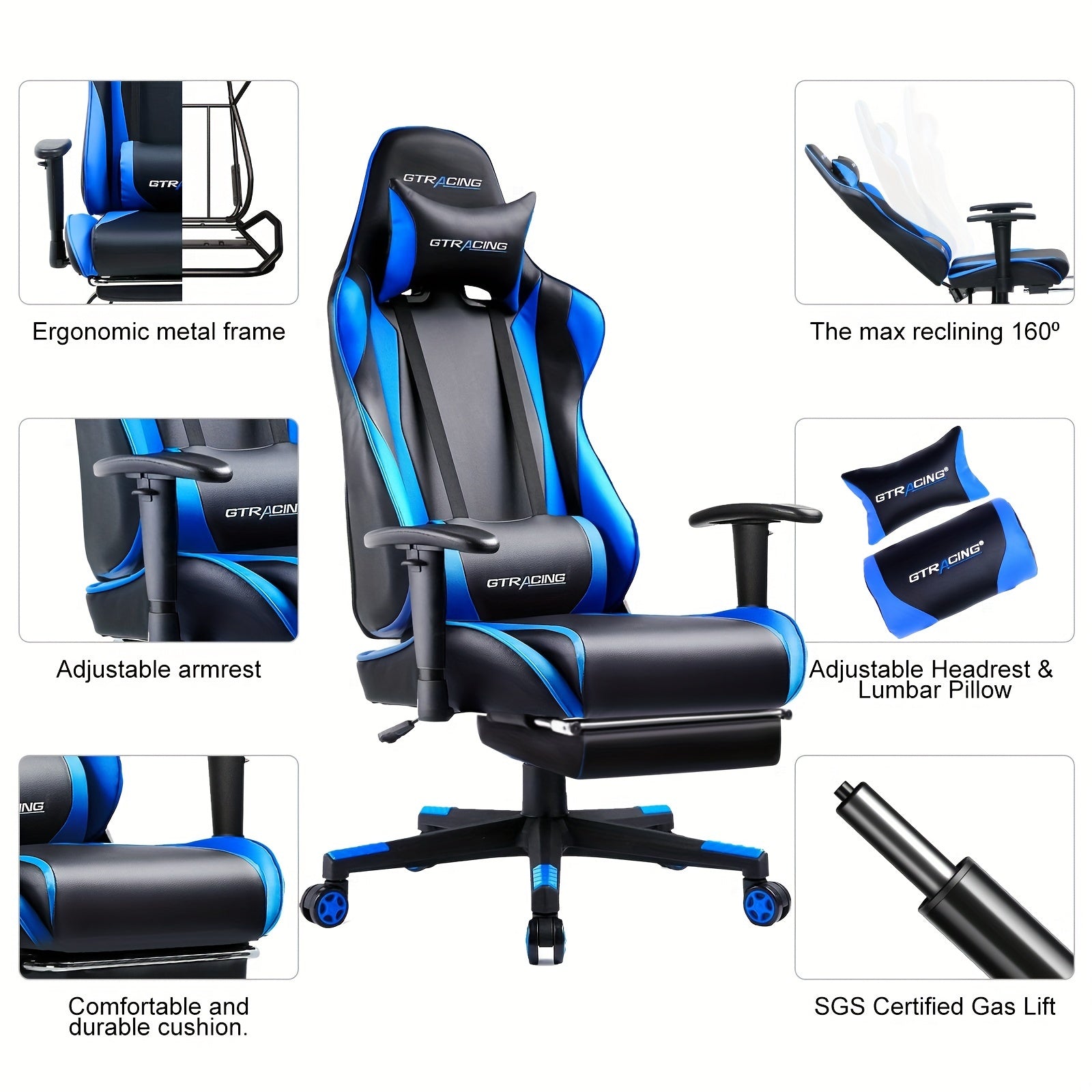 GTRACING Racing Style Gaming Chair, Ergonomic Computer Office Chair, Reclining Gaming Chair, Seat Height Adjustment, With Headrest And Lumbar Support, Maximum Weight Capacity 350-400 Lbs