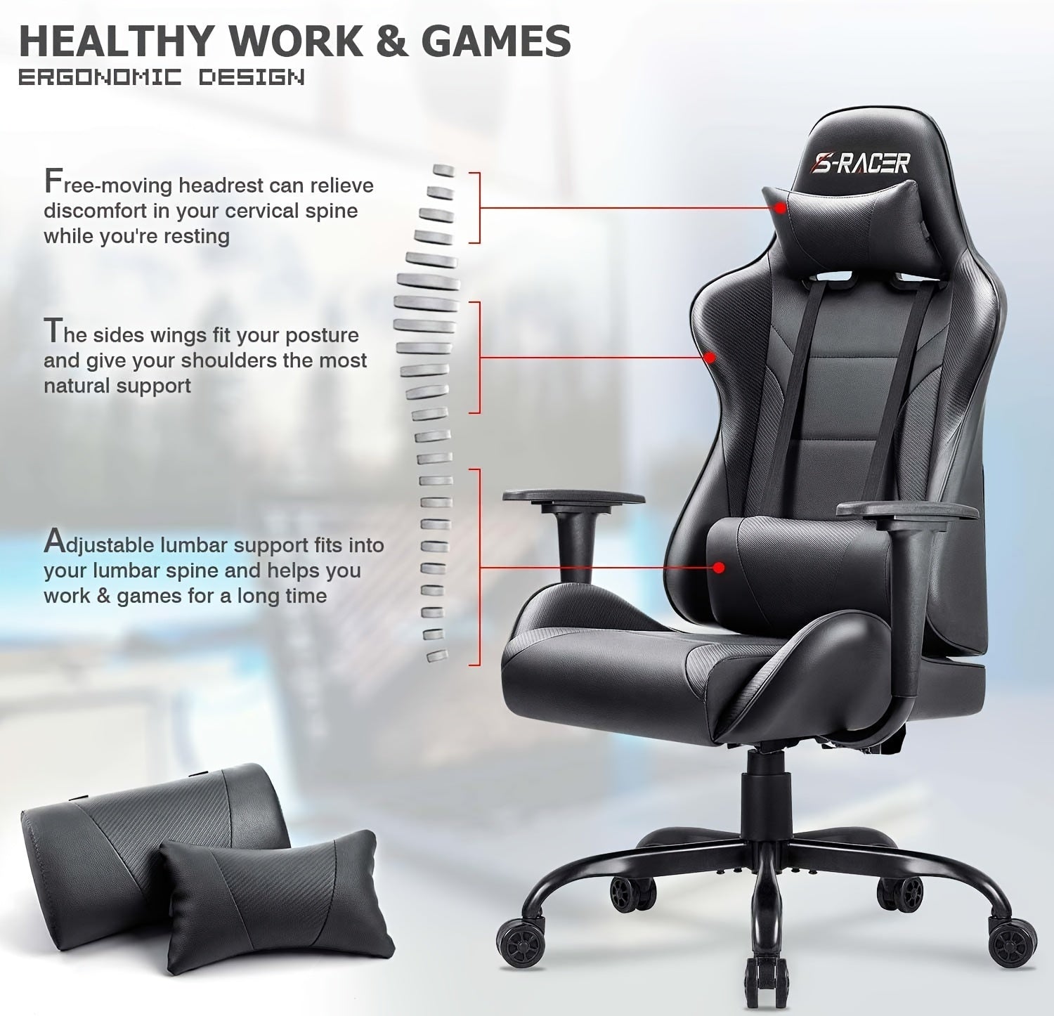 1pc Gaming Chair Office Chair High Back Racing Computer Chair PU Leather Adjustable Seat Height Swivel Chair Ergonomic Executive Chair With Headrest, Black